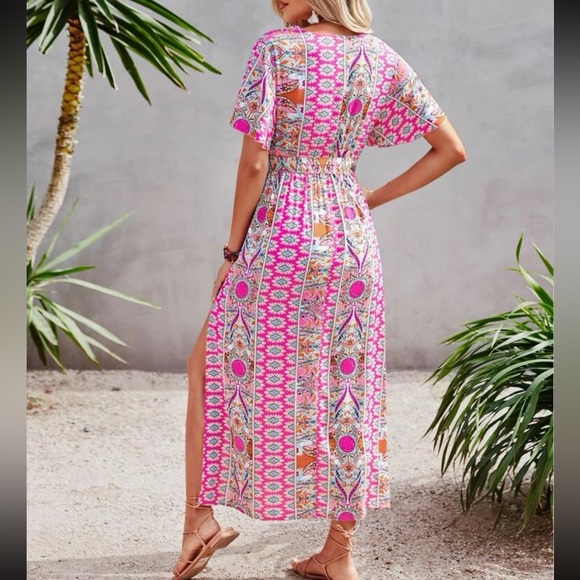 Boho Floral Paisley Print Side Silt Cottagecore Dress Navy Blue - Picture 6 of 12